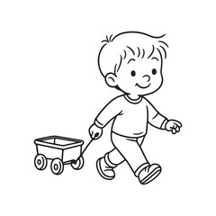  Line Drawing of Child Walking and Pulling Wagon on White Background