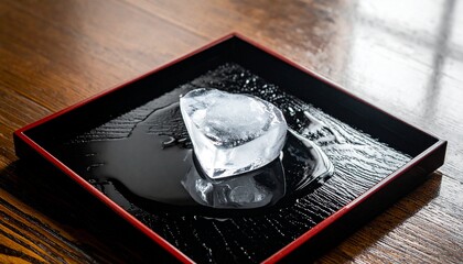 Japanese Minimalist Photography of a Hand-Carved Ice Block on Black Urushi Lacquer Tray