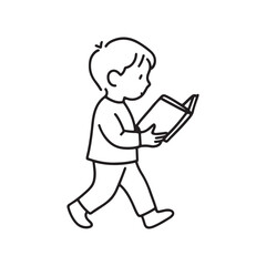 Line Drawing of Child Walking While Reading Book in Profile View on White Background