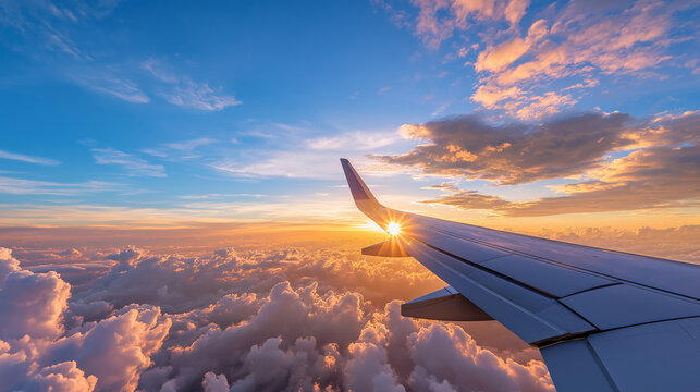 View through an airplane window during the golden hour, The aircraft wing extends over a sea of fluffy clouds, with a vibrant gradient of orange,  and blue in the sky,dramatic perspective.
