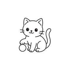 Line Drawing of Cute Cartoon Cat Sitting with Ball on White Background