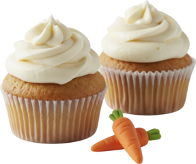 Two creamy frosted cupcakes with white swirls of icing sit next to two small decorative orange and green fondant carrots on a transparent background Frosting
