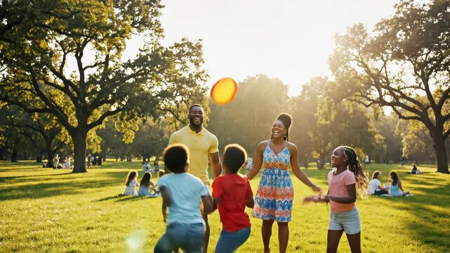 Family playing frisbee in park