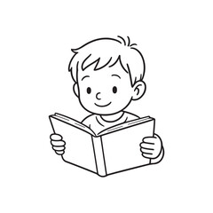  Line Drawing of Smiling Child Reading Book with Both Hands on White Background