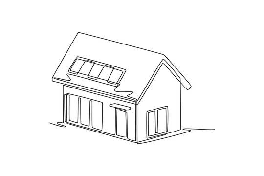 family house residential apartment buildings and flat roof solar panels. Cute House and Building concept. Single line draw design. Vector graphic illustration