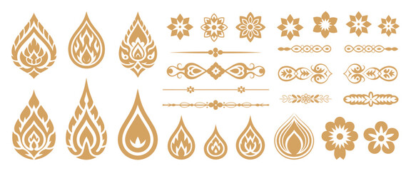 Thai Decorative Graphic Elements Collection with Golden Lotus, Flame Motifs, Kanok Patterns, and Floral Vector Ornaments for Traditional Design and Cultural Branding