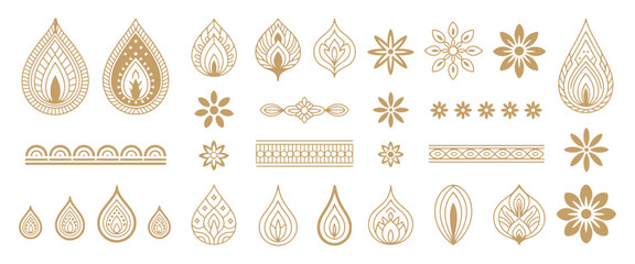 Thai Decorative Graphic Elements Collection with Golden Lotus, Flame Motifs, Kanok Patterns, and Floral Vector Ornaments for Traditional Design and Cultural Branding
