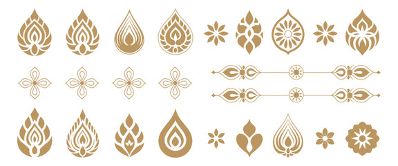 Thai Decorative Graphic Elements Collection with Golden Lotus, Flame Motifs, Kanok Patterns, and Floral Vector Ornaments for Traditional Design and Cultural Branding © Raxzen