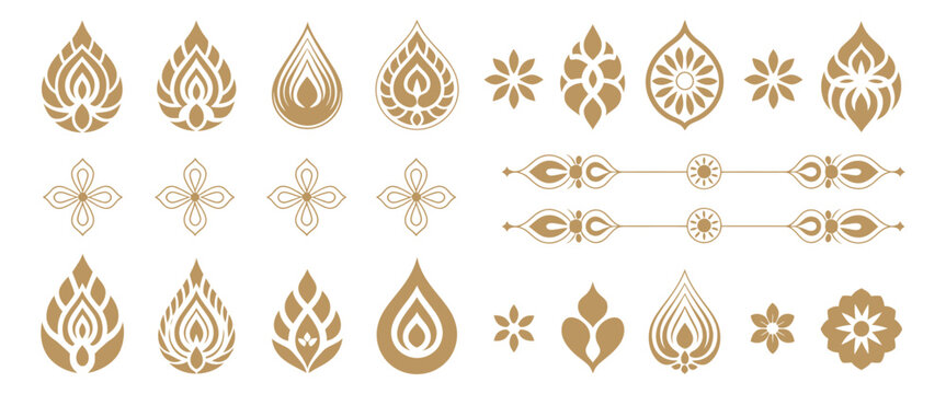 Thai Decorative Graphic Elements Collection with Golden Lotus, Flame Motifs, Kanok Patterns, and Floral Vector Ornaments for Traditional Design and Cultural Branding