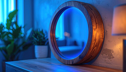 Round Wooden Mirror with Blue LED Backlight on a Table frame