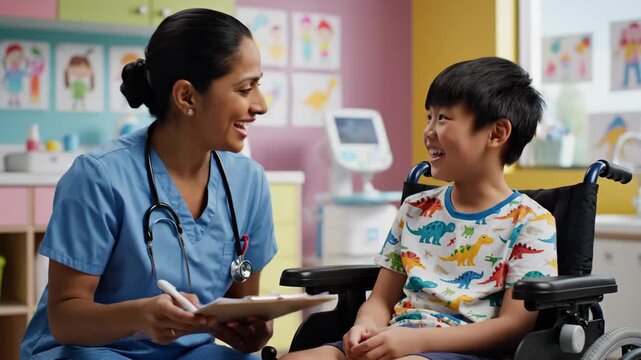 A friendly female nurse consults with a young Asian boy in a wheelchair. Pediatrician talking to a child patient during a medical checkup in a clinic. Compassionate healthcare for children