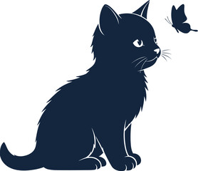 Obraz premium A black cat sits and watches a butterfly flutter nearby against a clean white background with a simple graphic design style.