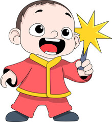 Happy New Year Cartoon Child Holding Firework Illustration