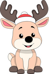 Cute Christmas Reindeer Cartoon Wearing Santa Hat Illustration