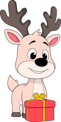 Cute Christmas Reindeer Cartoon With Gift Box Illustration
