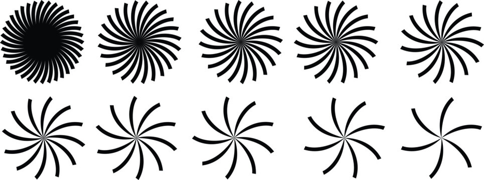 Geometric Spiral Sunburst Vector Shapes Set Black Radial Swirl Elements on Transparent Background