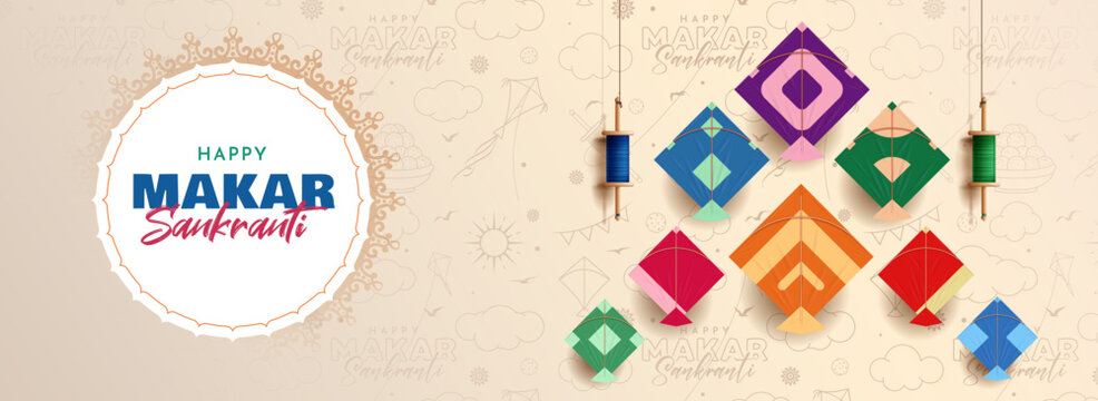 makar sankranti festival banner with kites, latai and seamless pattern background