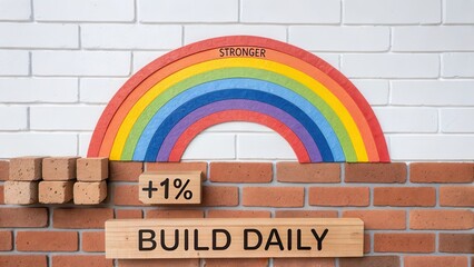 Colorful rainbow arc resting on a brick wall with motivational signs