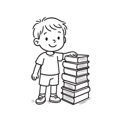  Line Drawing of Smiling Child Standing Beside Tall Stack of Books on White Background