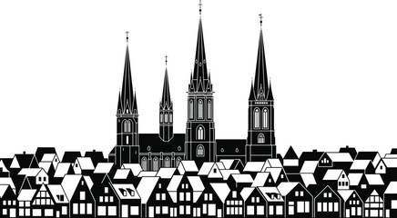 Fototapeta premium Cathedral townscape silhouette, gothic architecture, spire skyline, black vector, clipart, line art, stock illustration, religious icon, historic building