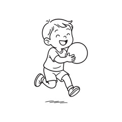 Line Drawing of Smiling Child Running with Ball on White Background