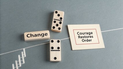 Dominoes illustrating courage changing order and business strategy