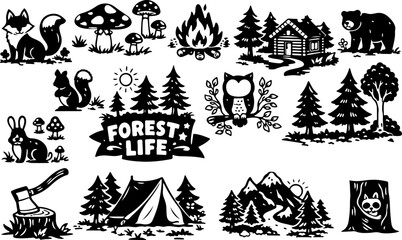 Forest Life Line Art: Fox, Bear, Owl, Trees, Campfire, Tent Vector Doodles