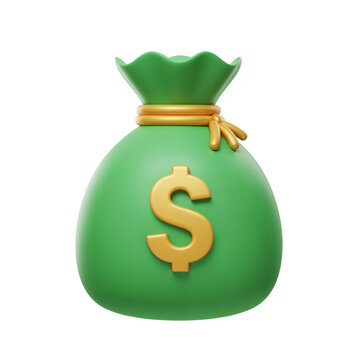 3d green money bag with golden dollar sign symbol on isolated black background transparent background
