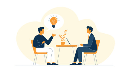 Business meeting discussion with light bulb idea concept illustration showing two professionals brainstorming at table modern teamwork design