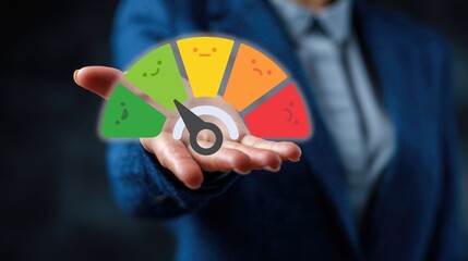 Hand of businessman in blue suit holding glowing satisfaction gauge with color-coded sections (green, yellow, orange, red) and emoticon faces: concept of customer feedback, mood rating