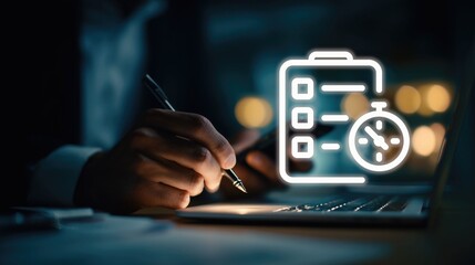 Hand of professional holding pen over laptop: glowing checklist icon with stopwatch represents timed task, deadline management, to-do list completion in dim office work setting.