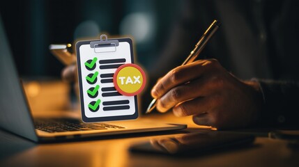 Hand of professional holding pen near laptop: checklist with green ticks and TAX badge represents tax preparation, task completion, financial documentation in office work setting.