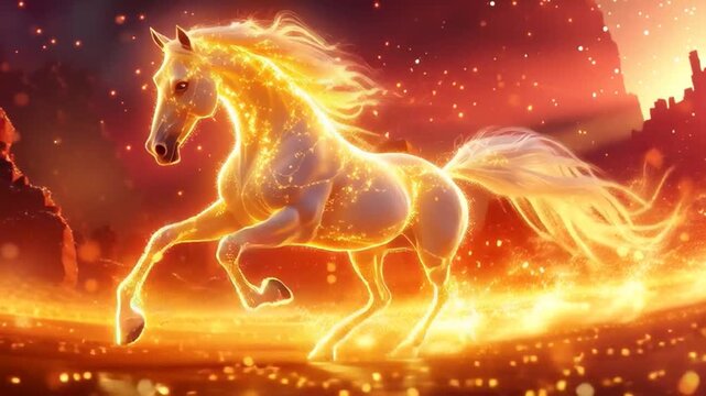  A video of a golden horse galloping, leaving a shimmering trail of golden light behind and creating a magical and powerful atmosphere.