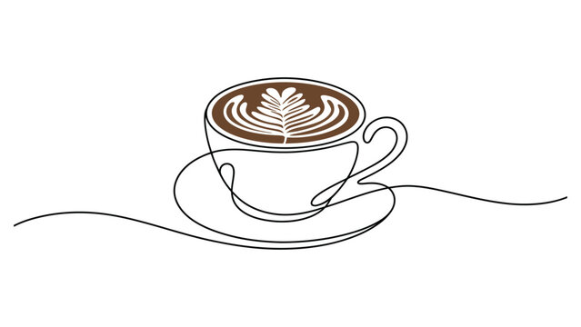 Minimal line art coffee cup with latte art illustration modern cafe concept continuous one line drawing on white background