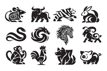 Vector set of 12 Chinese zodiac animals in minimalist black and white style. Icons include rat, ox, tiger, rabbit, dragon, snake, horse, goat, monkey, rooster, dog, and pig for Lunar New Year. © Elmar