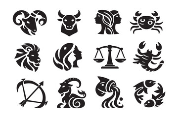 Fototapeta premium Minimalist black and white vector set of 12 zodiac sign icons. Symbols include Aries, Taurus, Gemini, Cancer, Leo, Virgo, Libra, Scorpio, Sagittarius, Capricorn, Aquarius, and Pisces.