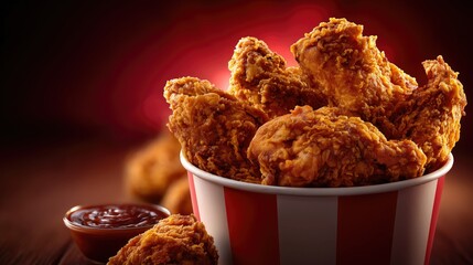 Crispy fried chicken pieces loaded in striped paper bucket, with ketchup dip on wooden surface: golden crunchy crust, juicy texture, appetizing fast food snack against warm red background.