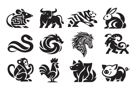 Vector set of 12 Chinese zodiac animals in minimalist black and white style. Icons include rat, ox, tiger, rabbit, dragon, snake, horse, goat, monkey, rooster, dog, and pig for Lunar New Year.