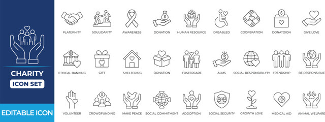 Charity and donation line icons featuring giving, support, volunteer, caring, charity, community, compassion, cooperation, and social help symbols for web and app design.