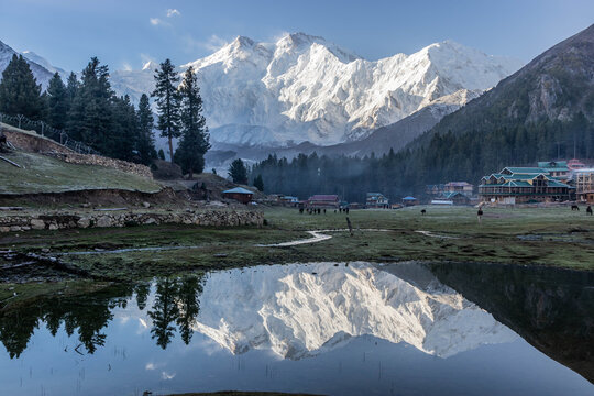 Nanga Parbat mountain reflection in a lake at Fairy Meadows in the Gilgit-Baltistan region in Pakistan