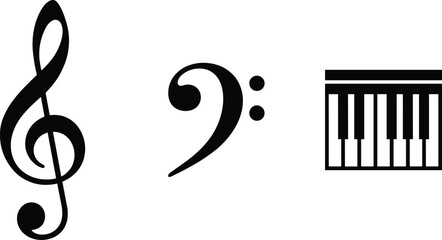 Music notation symbols illustration, treble clef bass clef piano keyboard icons, black white minimalist vector design collection, for education use © Itz Mehedi