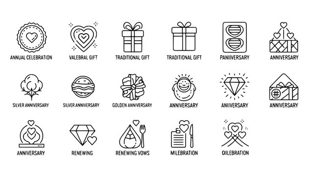 Anniversary gifts depict linear symbols present graphic style or Symbolic hearts represent love giving graphic style