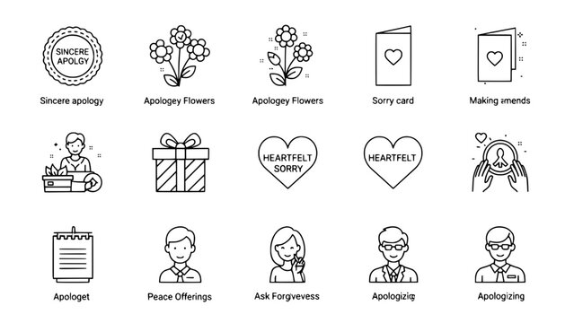 Apology icons convey heartfelt remorse within relationship context showcasing offering details or apology icons express amends demonstrating sincere feelings in forgiveness scene