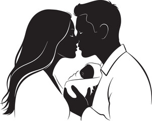 Parents Kissing Newborn Baby Silhouette,
Loving Mother and Father Holding Infant Illustration,
Family Love with Newborn Baby Black Silhouette