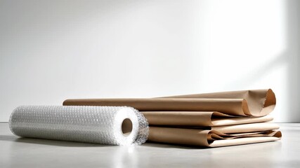 Packing paper roll with cardboard box, shipping supplies background