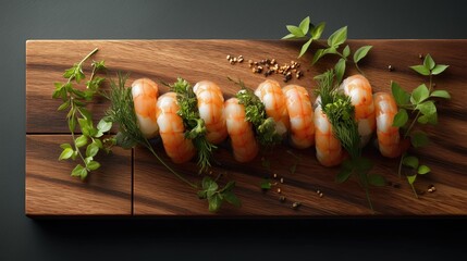 Shrimp sushi pieces arranged on dark wooden board, garnished with fresh herbs and spices &ndash; elegant Japanese cuisine, appetizing seafood delicacy, clean culinary presentation.