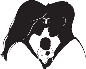 Parents Kissing Newborn Baby Silhouette,
Loving Mother and Father Holding Infant Illustration,
Family Love with Newborn Baby Black Silhouette