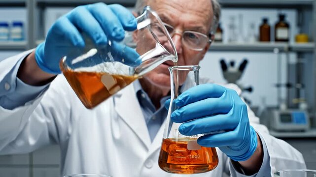 Scientist pouring liquid in lab