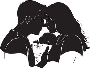 Parents Kissing Newborn Baby Silhouette,
Loving Mother and Father Holding Infant Illustration,
Family Love with Newborn Baby Black Silhouette