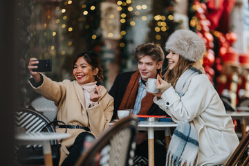 Obraz premium Three business colleagues pose for a selfie at a festive cafe. They enjoy coffee and Christmas lights while chatting and smiling.